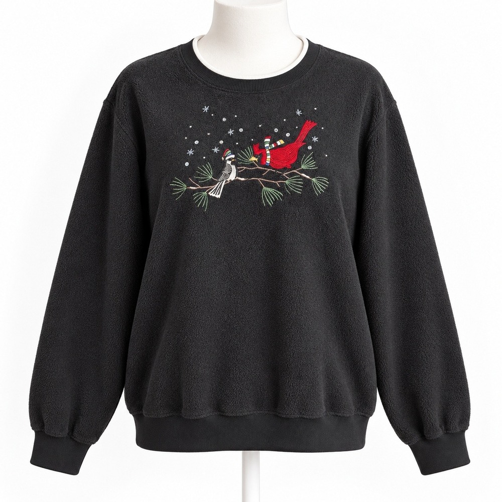 Vintage 90s Embroidered Bird Fleece Sweatshirt Size L Black Holiday Cottagecore